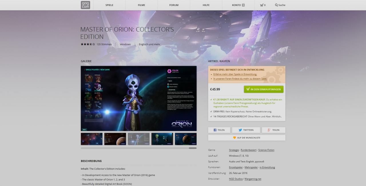 [30/03/2016] Seit Januar sind auch Early-Access-Versionen von ausgesuchten Spielen auf GOG.com verfügbar.