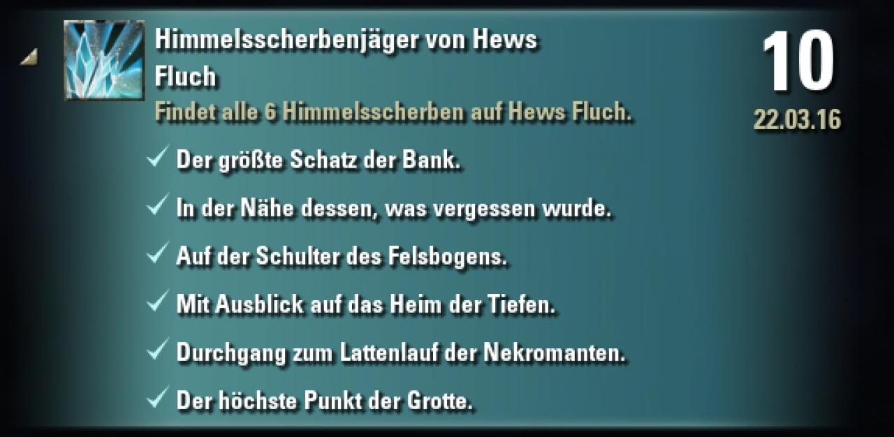 [22/03/2016] Insgesamt sechs Himmelsscherben könnt ihr in Hews Fluch, der neuen Zone von The Elder Scrolls Online, finden.