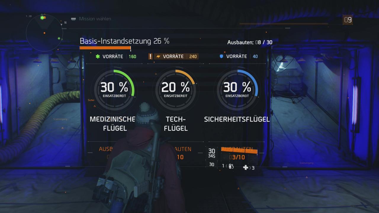 Ausbaustatus der Operationsbasis in The Division von Ubisoft im Eingangsbereich.