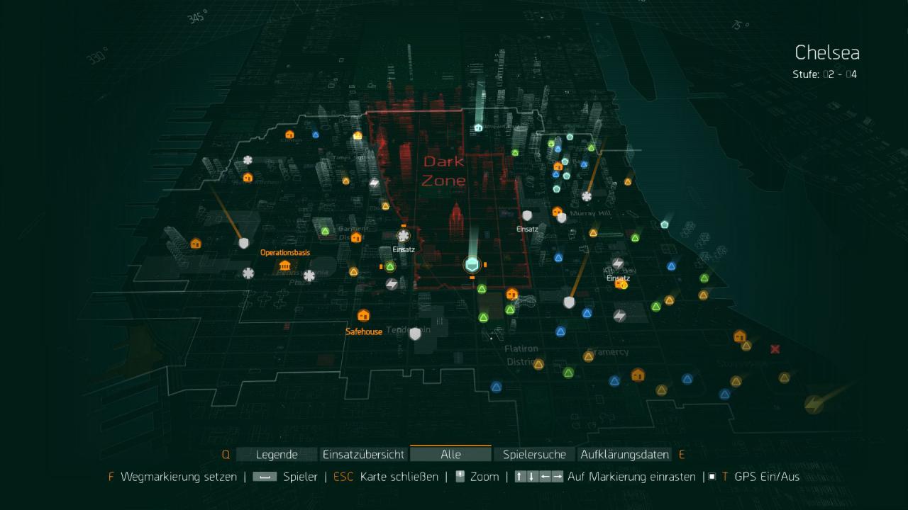 Die Spielwelt von The Division ist groß und übersät mit Nebenaufgaben. In der Mitte: die Dark Zone.