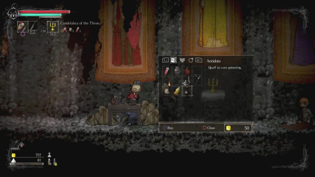 Ein Händler in Salt & Sanctuary bietet Waren gegen Gold an.