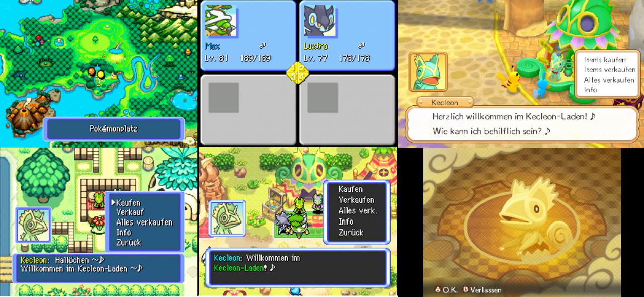 [01/04/2016] Wenn es eins gibt, auf das man sich in den Mystery-Dungeon-Teilen verlassen kann, dann auf Ladenbesitzer Kecleon (links in Team Blau, mittig in Erkundungsteam Himmel und rechts in Super Mystery Dungeon).