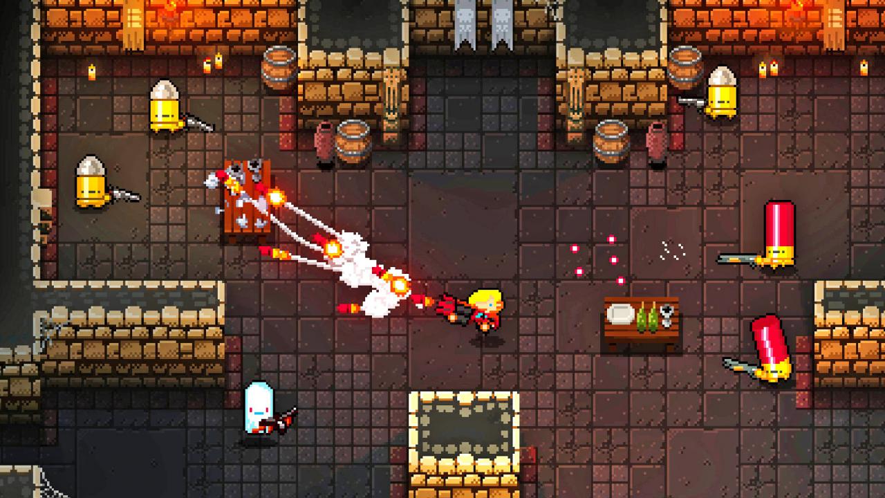 [25/05/2016] Enter the Gungeon: Enter the Gungeon von Dodge Roll und Devolver Digital ist vor allem ein knallharter Twinstick-Shooter - aber spielt sich so flott und leichtfüßig, dass es viele Genre-Kollegen locker abhängt. Zusätzlich bringt der Abstieg ins Verlies einige moderne Designelemente mit - Tische, die sich umkippen und als Deckung zweckentfremden lassen sowie Teleporter, Ausweichrollen und einen riesigen Fundus an Knarren. Verschiedene spielbare Charaktere und ein fein ausgearbeitetes Hintergrunduniversum runden den Indie-Shootout gekonnt ab.