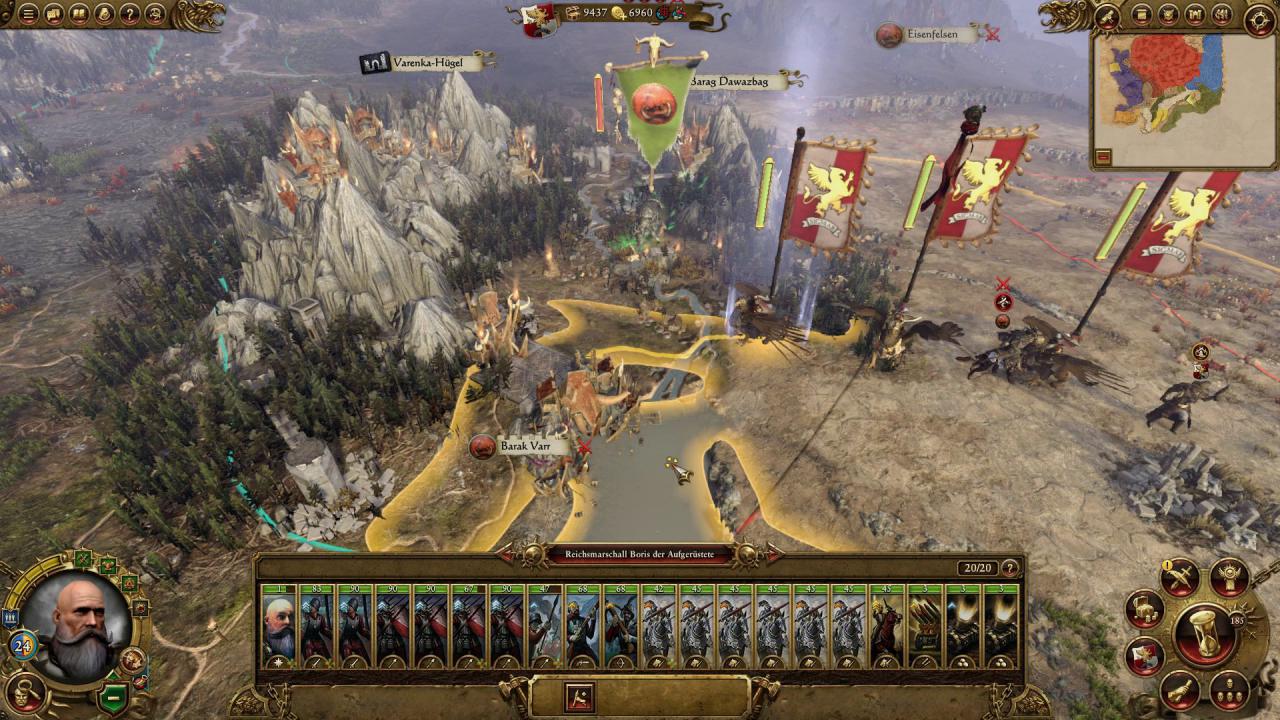 [13/05/2016] Grünhäute rufen einen Waaagh aus (grünes Banner in der Mitte). Dieser Art Kreuzzug schließen sich in Total War: Warhammer andere KI-Armeen an.