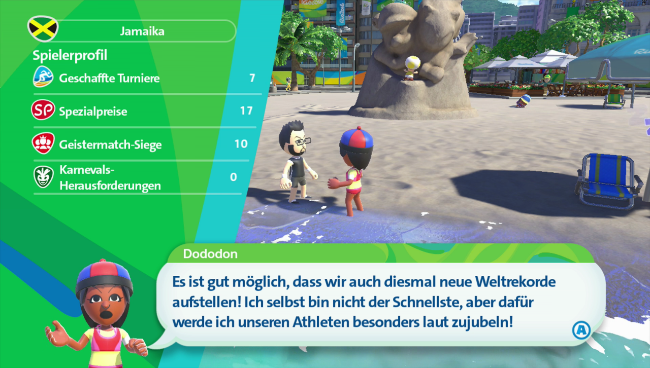 [23/06/2016] Am Strand habt ihr nicht nur schnellen Zugang zu allen wichtigen Spielfunktionen, ihr könnt hier auch interessante / witzige Gespräche mit CPU-Sportlern starten.
