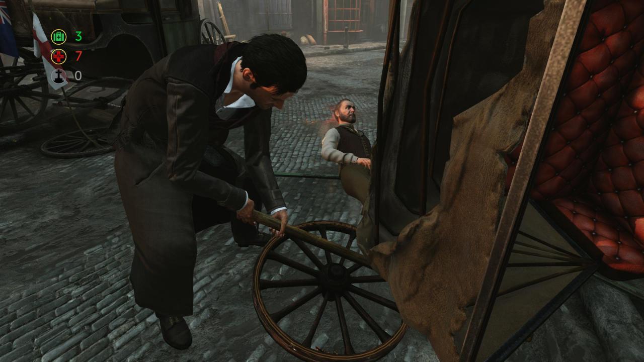 In einem weiteren Minispiel befreit Holmes einen Passanten, der unter Trümmern eingeklemmt ist.