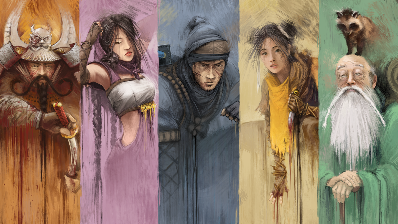 Ein Artwork zum Strategiespiel Shadow Tactics, bei dem die fünf Charaktere im Fokus stehen.