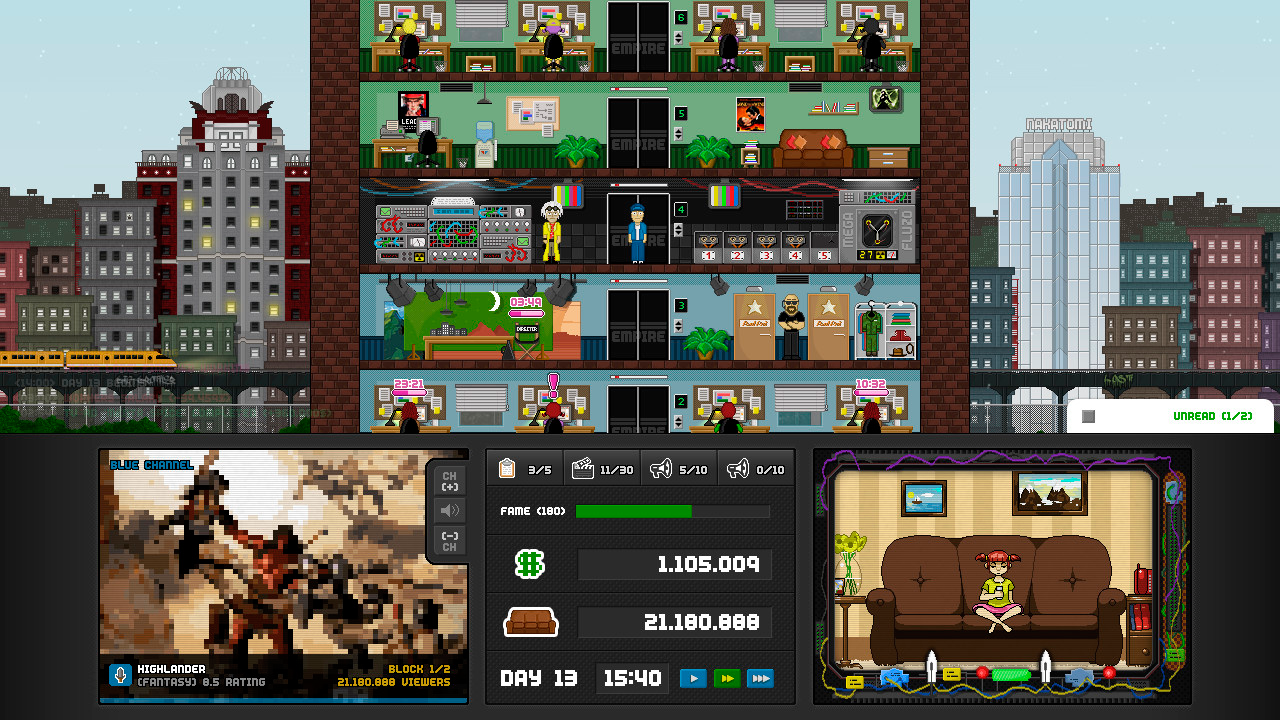 [15/07/2016] Außerdem steht Empire TV Tycoon auf seiner Liste: Bin ich beim gelangweilten Klicken durch den Steam Store drauf gestoßen - eine moderne umfangreichere Variante von Mad TV. Letzteres schlummert immer noch für regnerische Urlaubstage auf meinem Laptop. Ob mich die Neuauflage allerdings genauso lang beschäftigen wird, kann ich noch nicht abschätzen. Das Sommerloch wird's wohl verraten ;)