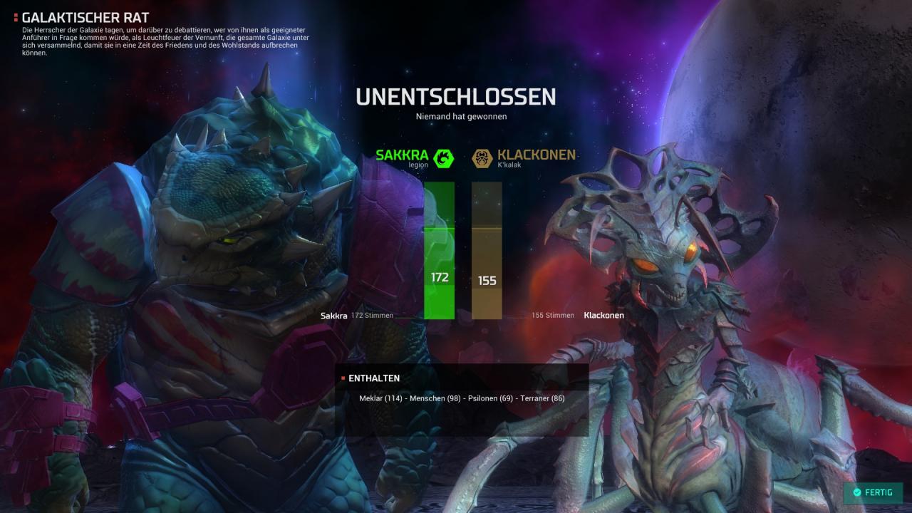 Wenn wir zum Oberhaupt des galaktischen Rates gewählt werden, haben wir das Spiel gewonnen.