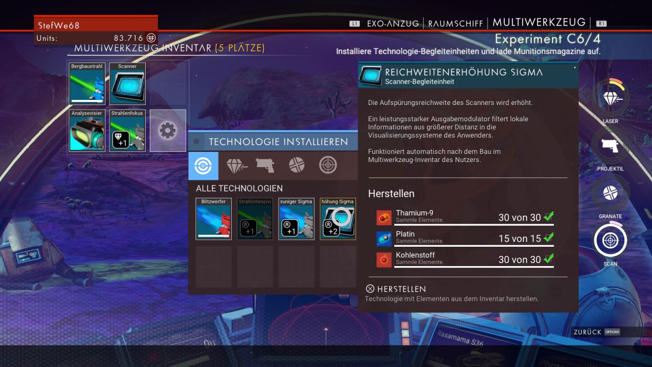 Unser Multitool lässt sich mit verschiedenen Techniken upgraden, hat zu Beginn aber nur wenig freie Slots dafür.