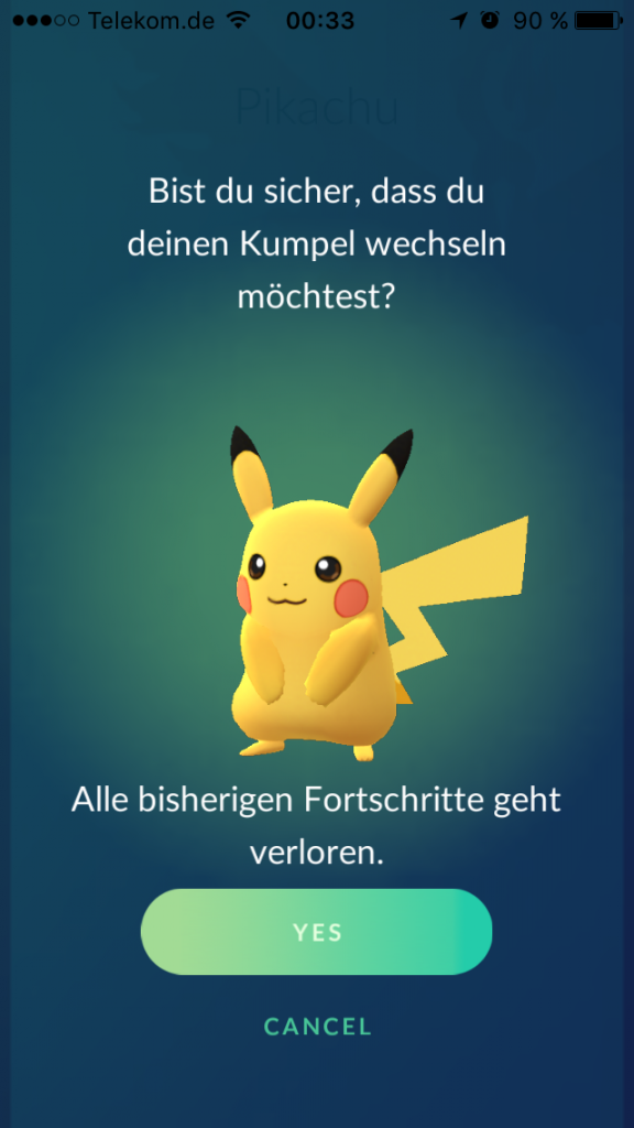 [14/09/2016] Der Wechsel eures Pokémon-Begleiters ist zwar jederzeit möglich, allerdings geht eventuell erspielter Fortschritt verloren.