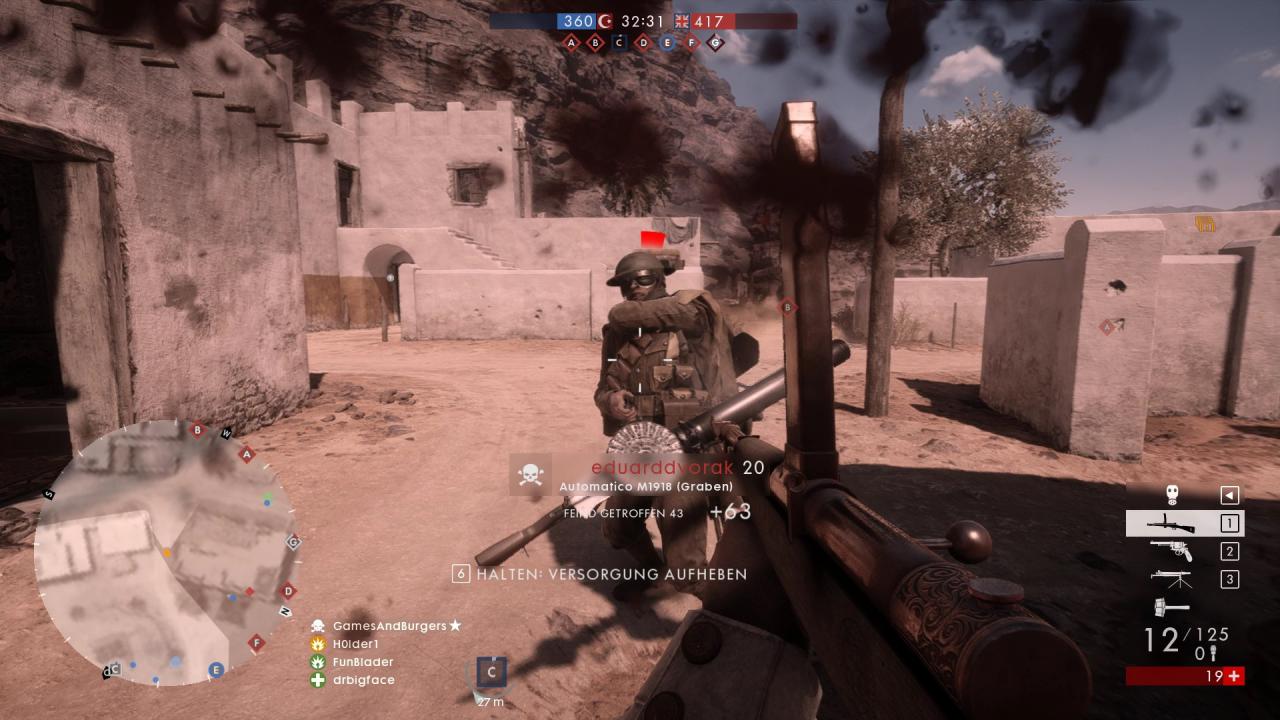 [28/10/2016] Battlefield 1: Haut satte 900 Kugeln in der Minute raus: Die Automatico ist auf kurze Distanz kreuzgefährlich.