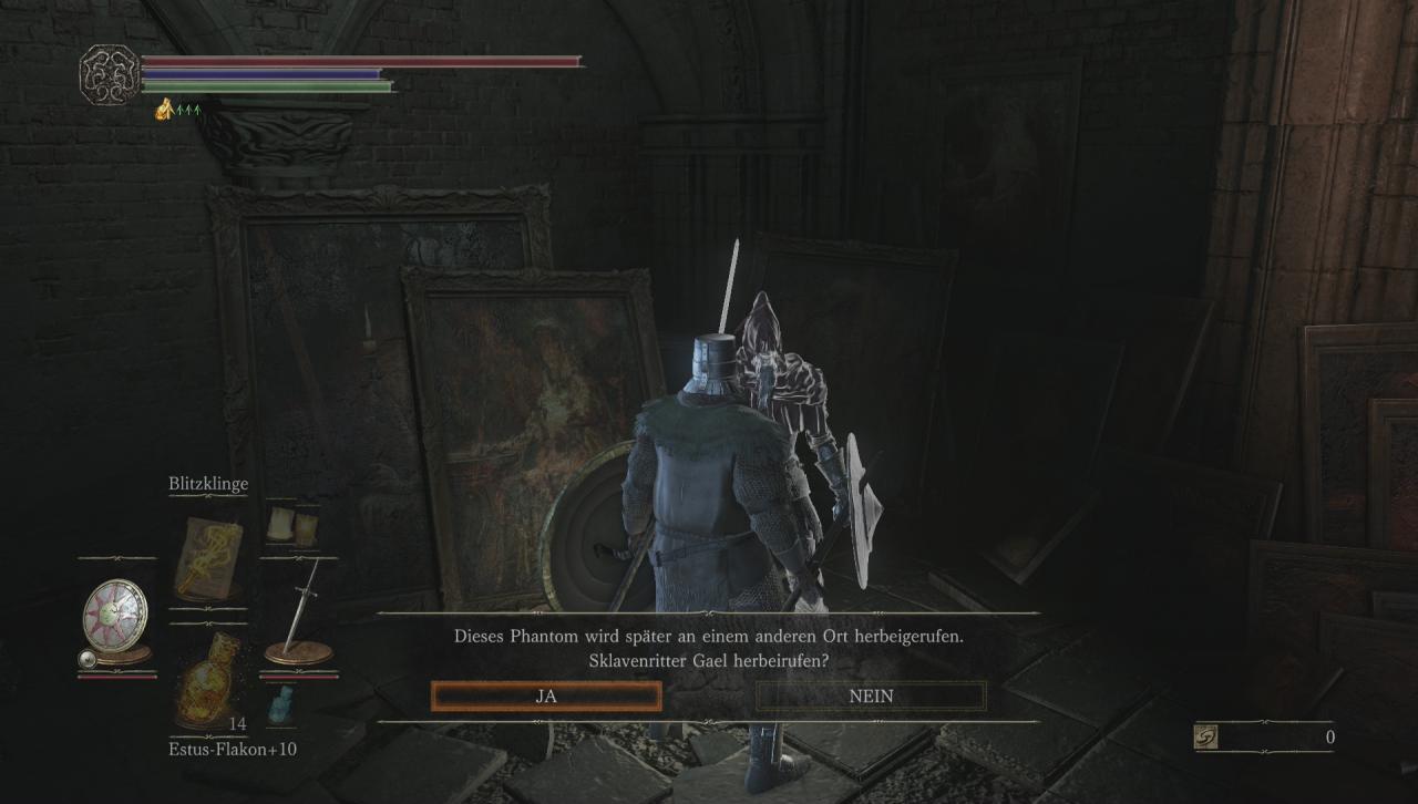 [31/10/2016] Ihr braucht Hilfe beim letzten Boss? Links vor der Treppe zum Bossraum holt ihr euch Sklavenritter Gael hinzu.