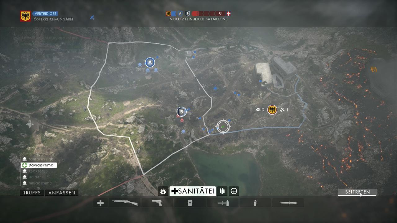 [25/10/2016] Battlefield 1: Flagge A wird gerade vom Gegner überrannt - wir steigen lieber unten beim Squaddie ein und stürmen B, bevor wir dann mit dem Team auf A vorrücken.