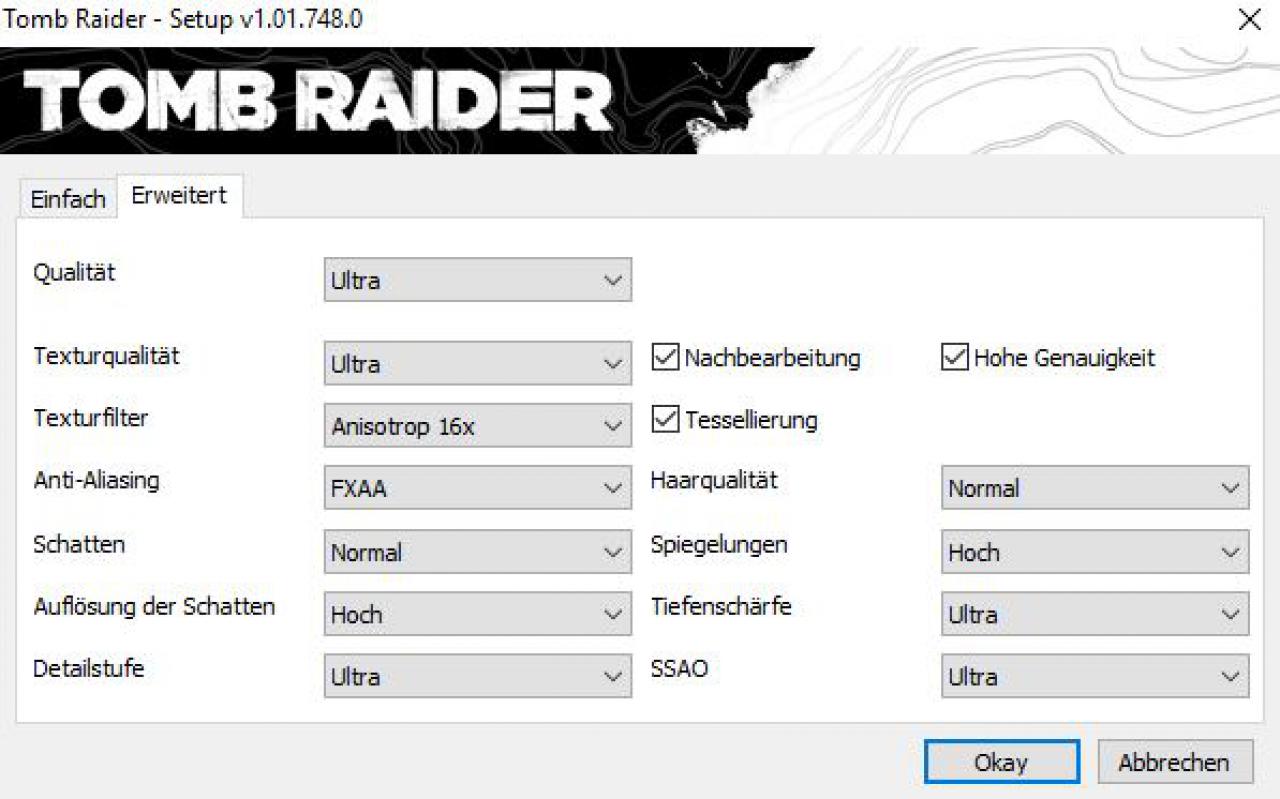[25/11/2016] Die Grafikoptionen bei Tomb Raider kann man auch vor Spielstart in diesem Menü verändern