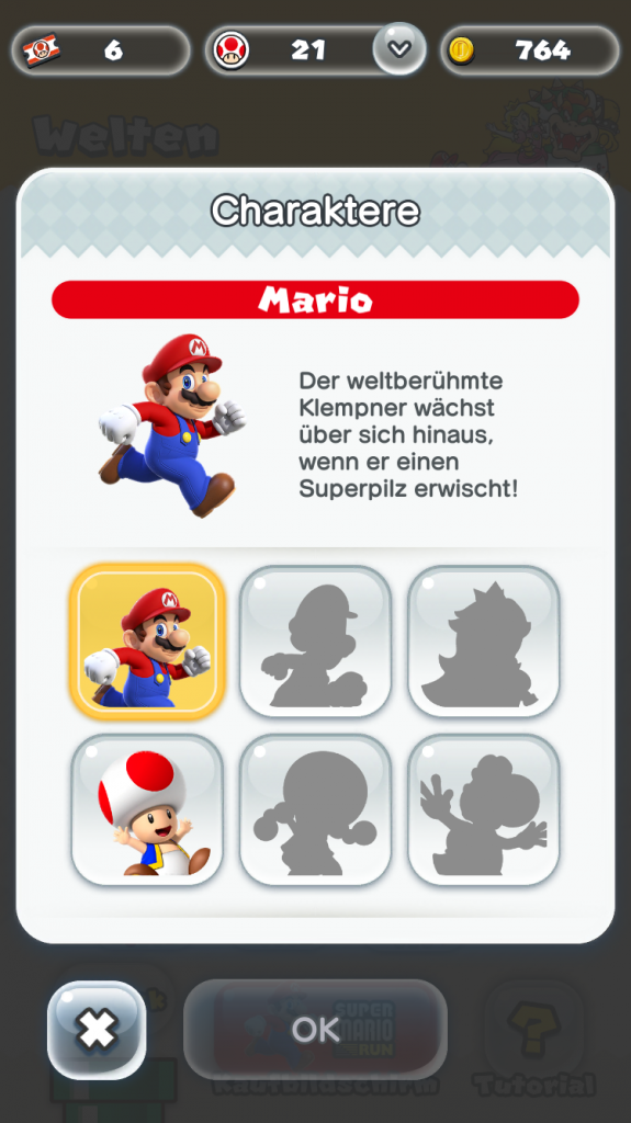 [16/12/2016] Super Mario Run enthält sechs Charaktere - Mario, Luigi, Yoshi, Toad, Toadette und Peach.