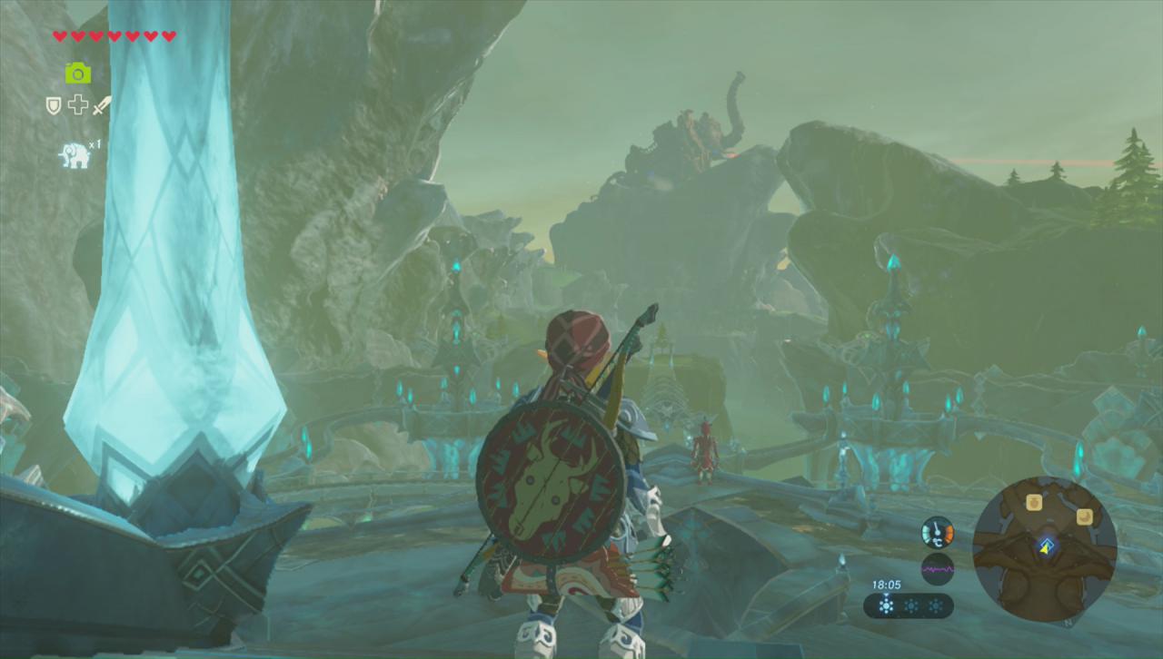 Link im Dorf der Zoras mit Blick auf den Titanen Vah Ruta in Zelda: Breath of the Wild.