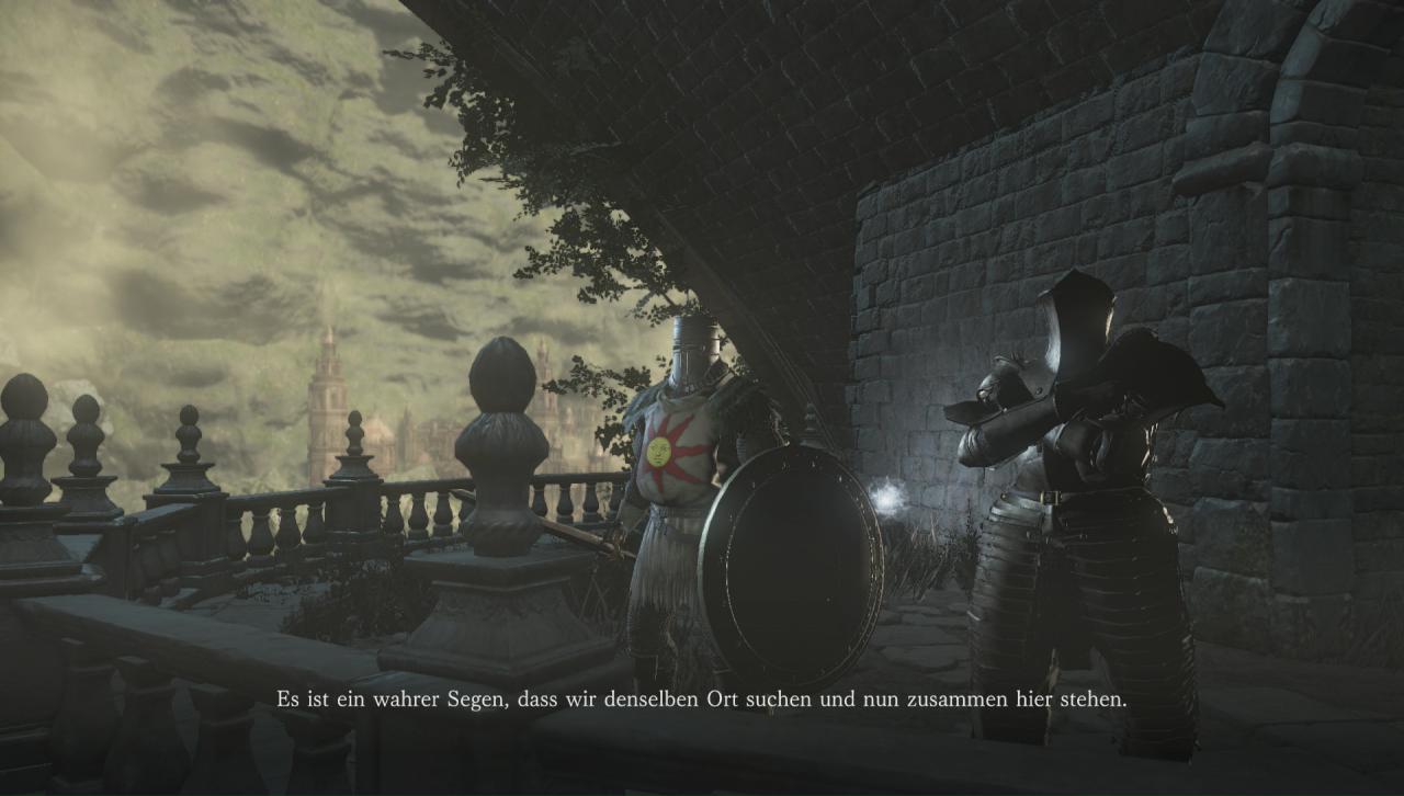Ritter NPC auf einem Balkon gemeinsam mit dem Dark Souls 3-Charakter.