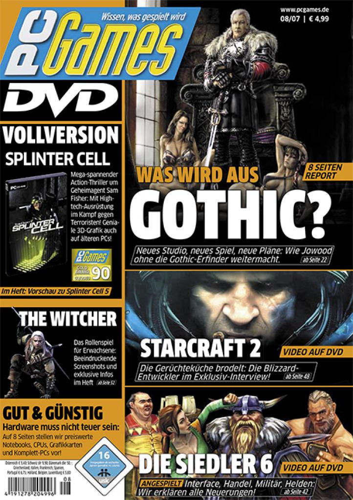 [21/07/2017] Das Cover-Thema der Ausgabe 08/2007 drehte sich um die Zukunft der Gothic-Reihe. Außerdem mit an Bord: Starcraft 2, Die Siedler6 und The Witcher.