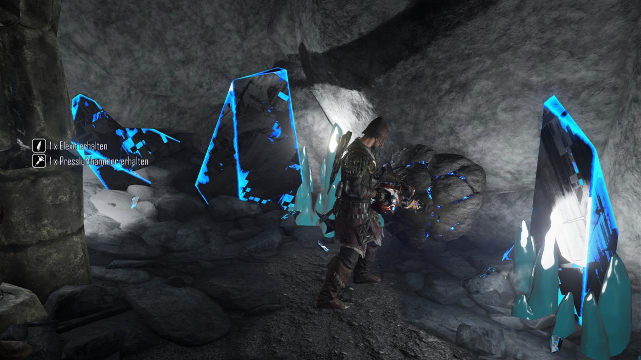 [22/09/2017] Elex-Crafting: Mit dem Presslufthammer brecht ihr Erze aus dem Fels, die werden später für Waffen-Upgrades benötigt.