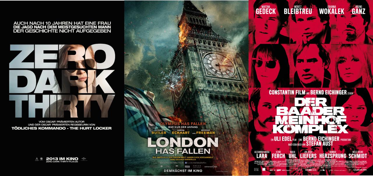 Kinoplakate von Zero Dark Thirty, London Has Fallen und Der Baader Meinhof Komplex.