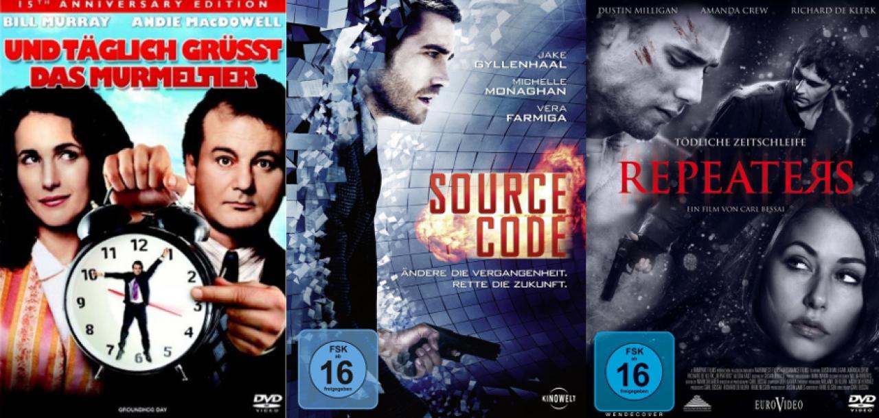 Collage aus den Covern von täglich grüßt das Murmeltier, Source Code und Repeaters