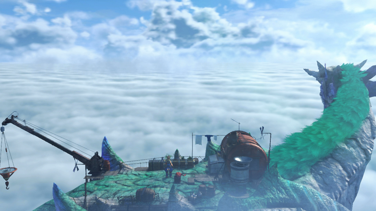 In Xenoblade Chronicles 2 leben die Menschen auf großen, lebendigen Titanen, die sich im Wolkenmeer aufhalten.