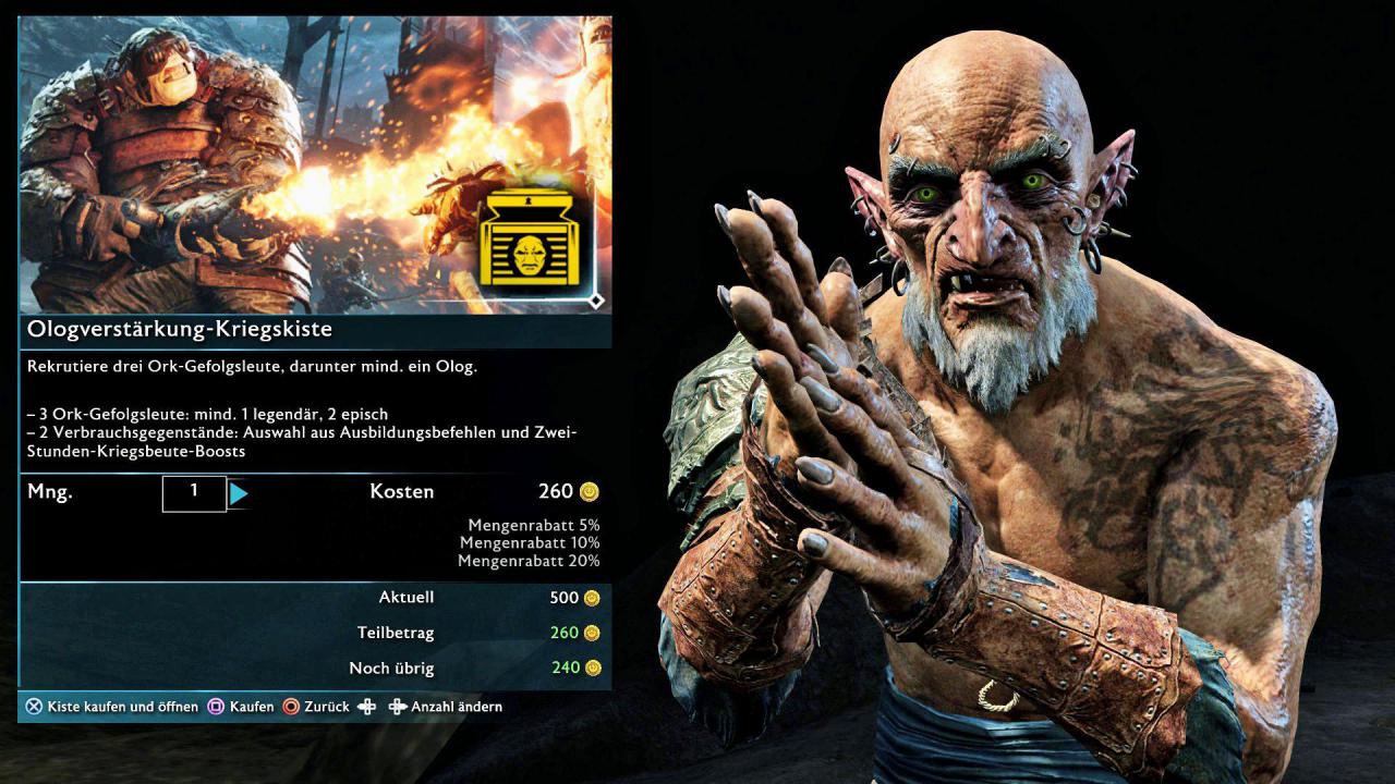 [30/11/2017] Mittelerde: Schatten des Krieges setzt dem Lootboxen-Wahnsinn derzeit die Krone auf, indem es damit voll in den Singleplayer reingrätscht. Diesem dämlich dreinschauenden Ork würde man dafür gerne mal in die Fresse hauen.