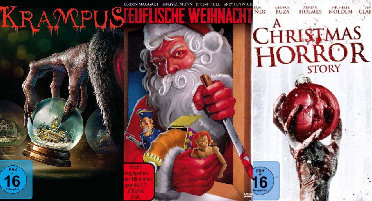 Collage aus den Packshots zu Krampus, Teuflische Weihnachten und A Christmas Horror Story