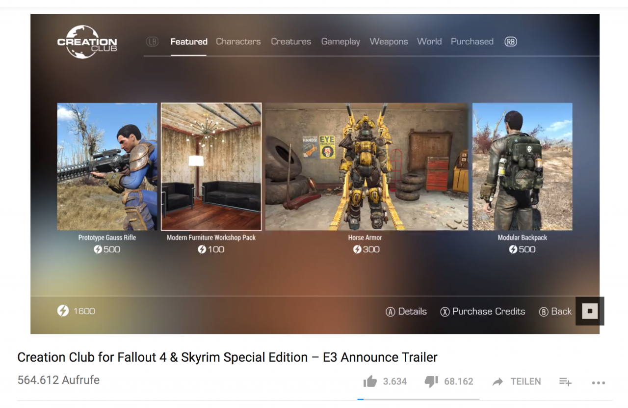 [15/12/2017] Mehr als 68.000 Daumen nach unten: Die Einführung des Creation Club für Fallout 4 und Skyrim sorgte für viel böses Blut – nicht nur auf Steam, sondern auch im YouTube-Enthüllungs-Trailer. 