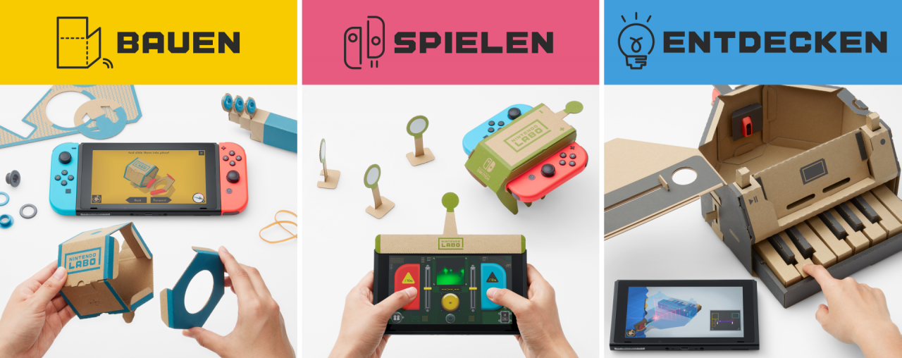 Erst bauen, dann mit dem Gebauten spielen und zuletzt eigene Ideen entdecken und umsetzen: So soll Labo funktionieren.