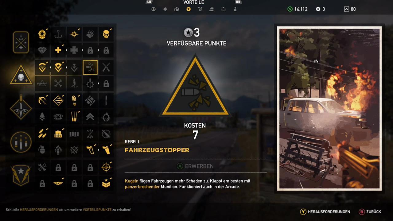 [28/03/2018] Fahrzeugstopper - Kosten: 7 Vorteilspunkte - In Far Cry 5 nerven euch Unmengen an Autos mit Kultisten. Damit ihr diese schneller aus dem Weg räumt, nutzt dieses Perk - zumindest bis ihr den Raketenwerfer eingeheimst habt.