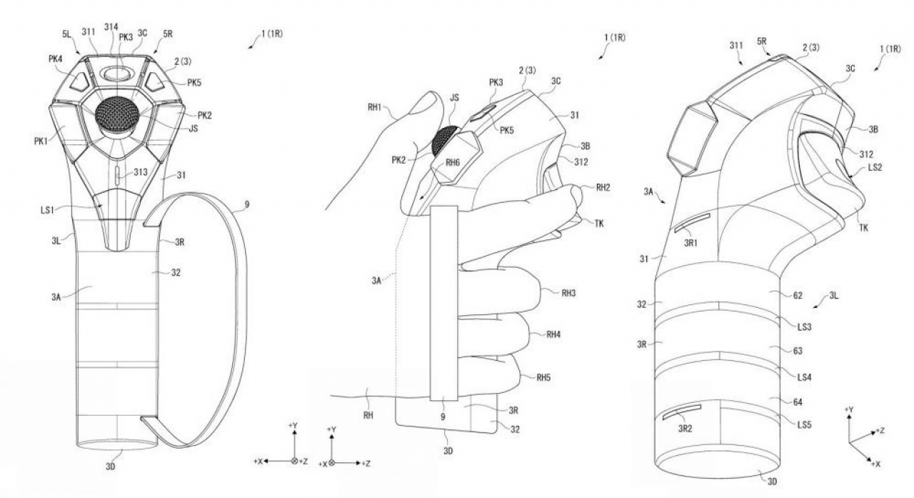 [23/03/2018] Das im Fließtext beschriebene Controller-Patent von Sony. Klar zu erkennen sind der ergänzte Analogstick sowie die drei Drucksensoren am Griff des Controllers. 