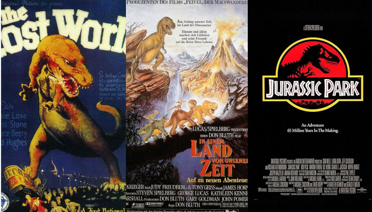 Collage aus den Filmpostern von "Die Verlorene Welt", "in einem Land vor unserer Zeit" und "Jurassic Park"