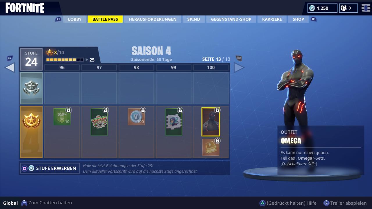 Fortnite: Am Ende auf Stufe 100 wartet das Omega-Kostüm, welches ihr ebenfalls verbessern könnt.