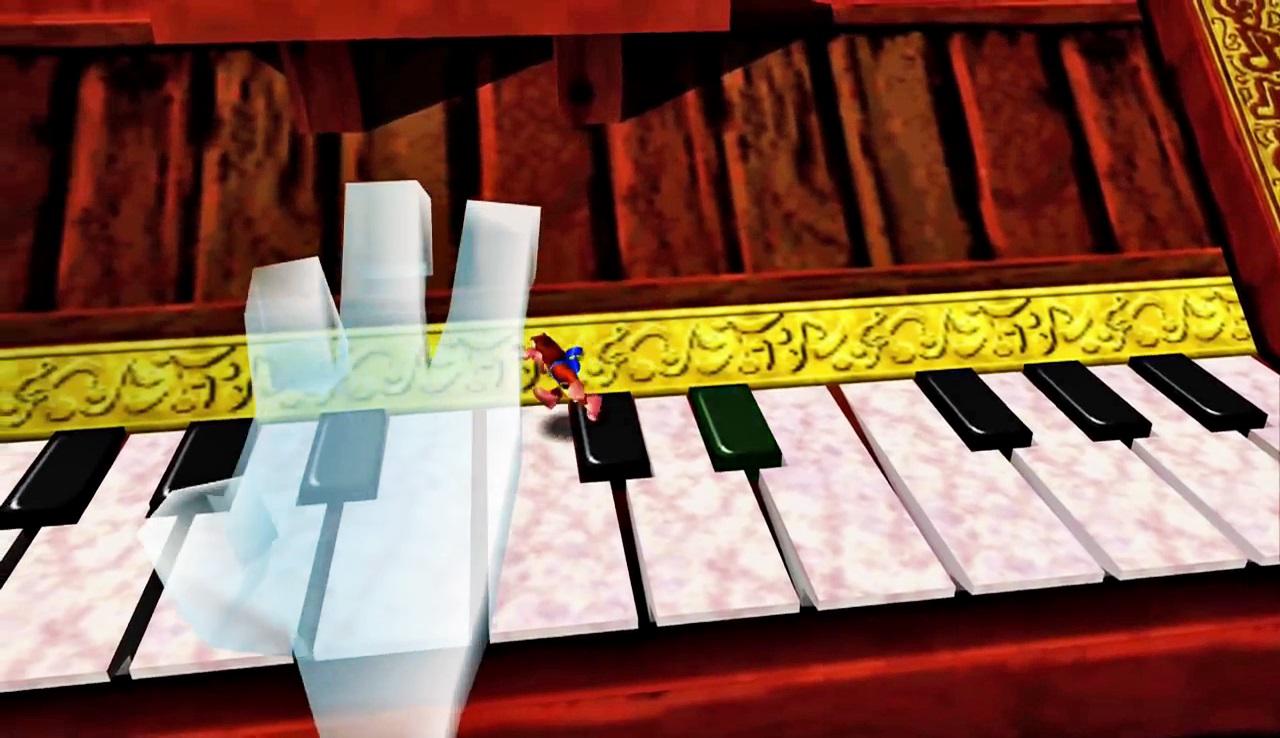 Es ist unglaublich, wie viel Abwechslung in Banjo-Kazooie steckt. Hier müssen wir einer Klavier spielenden Geisterhand ausweichen.