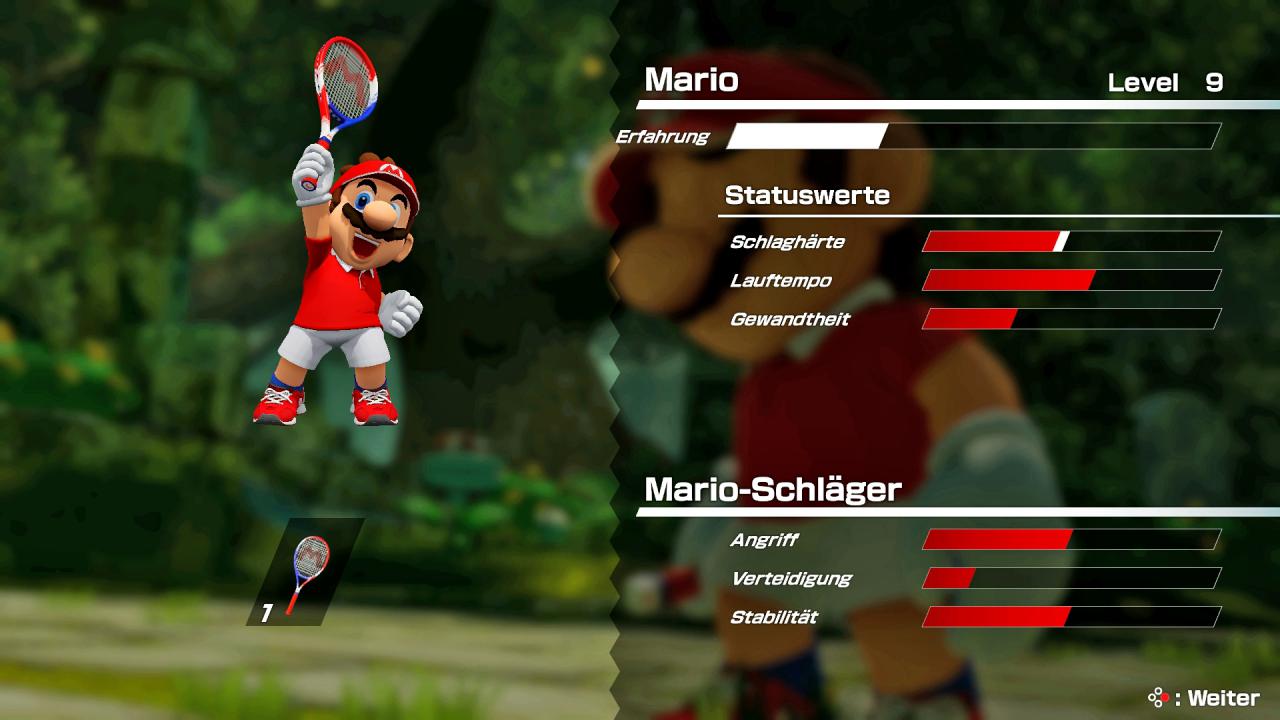 [01/06/2018] Als kleines RPG-Element steigt Mario im Story-Modus im Level auf, wodurch sich seine Statuswerte verbessern. Auch sein Schläger kann offenbar verbessert werden.