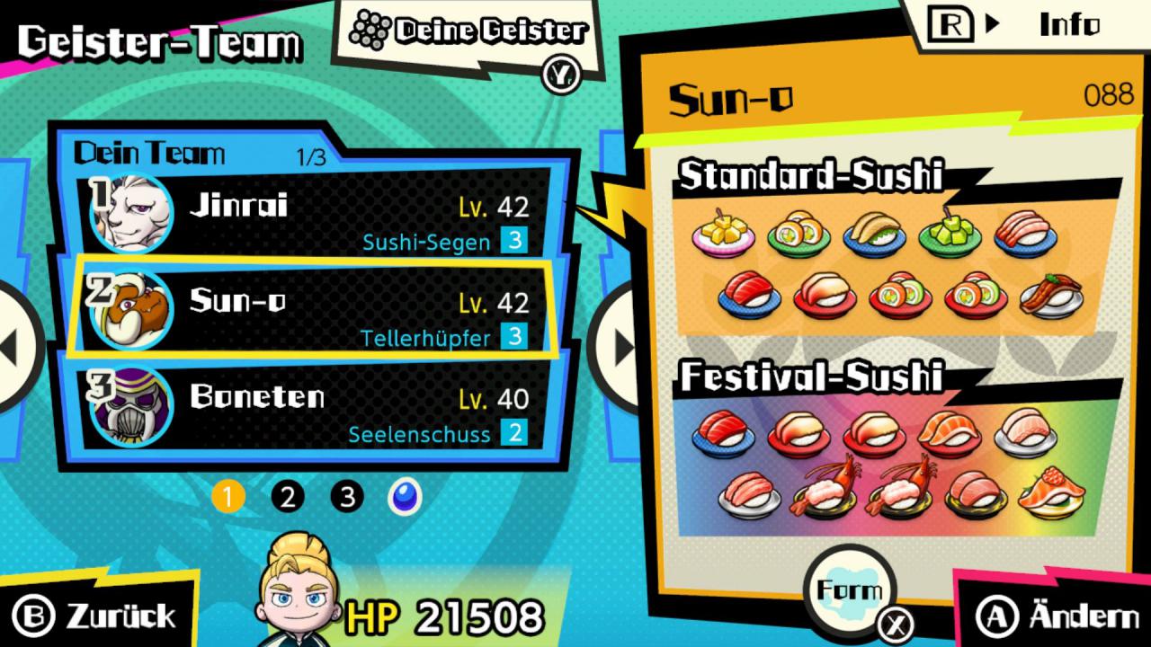 Welches Sushi auf euren Bändern erscheint, hängt von eurem dreiköpfigen Gester-Team ab. Die Geister beeinflussen auch diverse weitere Aspekte des Spiels.