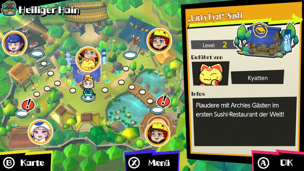 Nach einiger Zeit schaltet ihr den Hain frei, der euch als Basis dient. Hier habt ihr Zugriff auf verschiedene Örtlichkeiten wie die Duell-Arena (für Mehrspieler-Partien) oder den Knobeltempel (für den Knobel-Modus).
