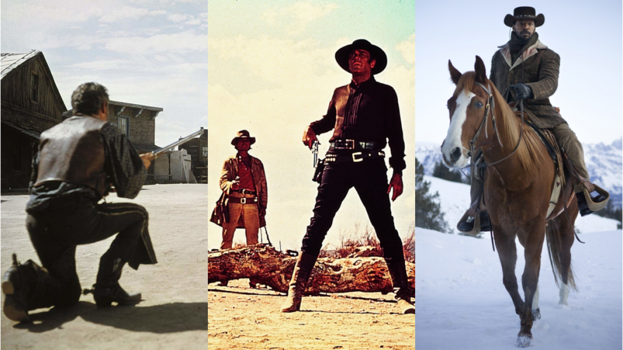 Szenenbilder aus "Eine Handvoll Dollar" (1964), "Spiel mir das Lied vom Tod" (1968) und "Django Unchained" (2012)