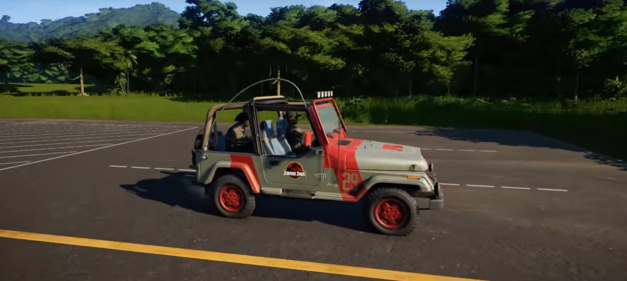 Klassischer Jeep aus dem Kinofilm Jurassic Park von 1993 im Aufbauspiel Jurassic World Evolution.