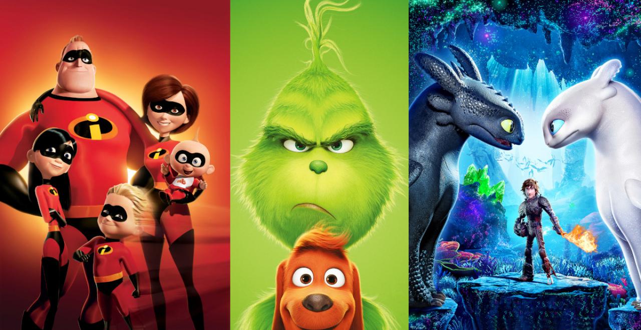 Filmplakate/Szenenbilder zu v. l. "Die Unglaublichen 2" (2018), "Der Grinch" (2018) und "Drachenzähmen leicht gemacht 3: Die geheime Welt" (2019)