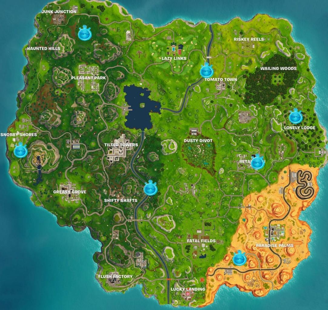 Karte der Spielwelt von Fortnite Battle Royale mit den Fundorten der Zeitprüfungen.