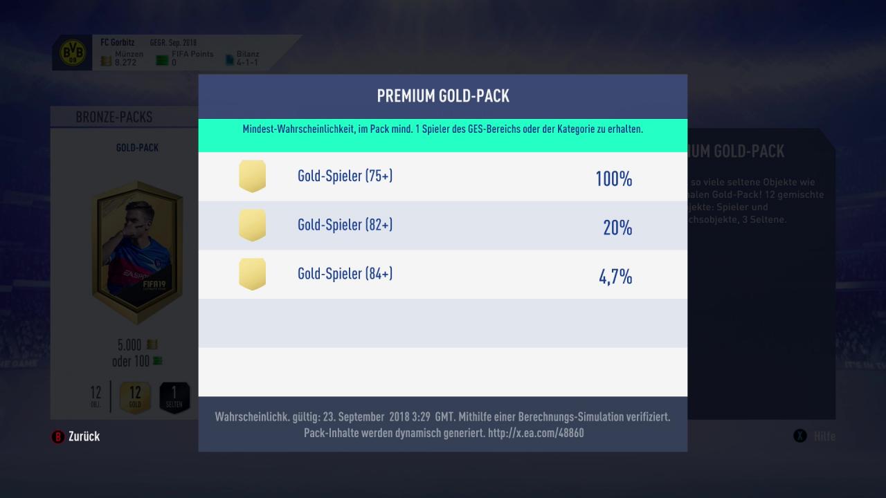 Wahrscheinlichkeiten für Spieler in Gold Packs in FIFA 19 Ultimate Team.