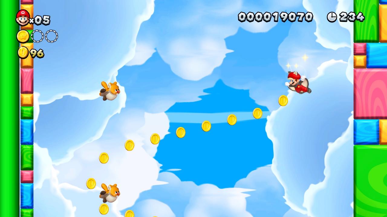 Typisch für ein zweidimensionales Mario-Spiel erleichtern euch verschiedene Verwandlungen das Meistern der Levels, Besiegen der Gegner und Sammeln der Münzen.