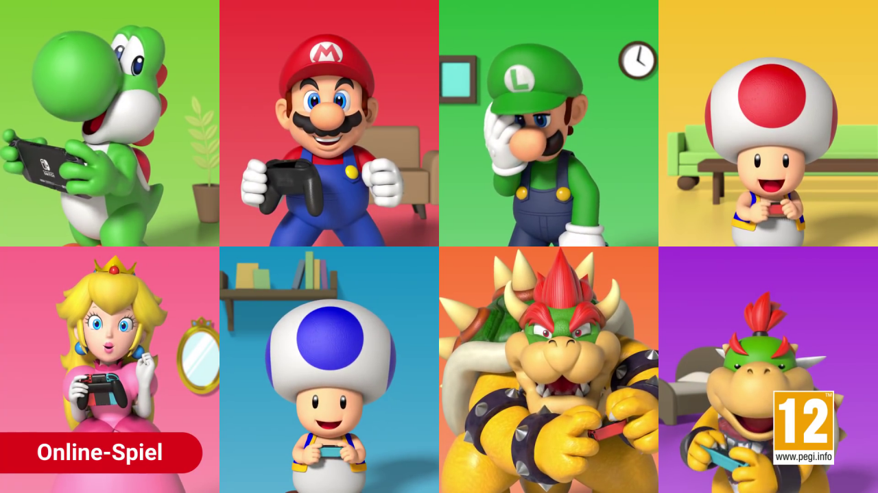 Acht Mario-Charaktere spielen gemeinsam Nintendo Switch
