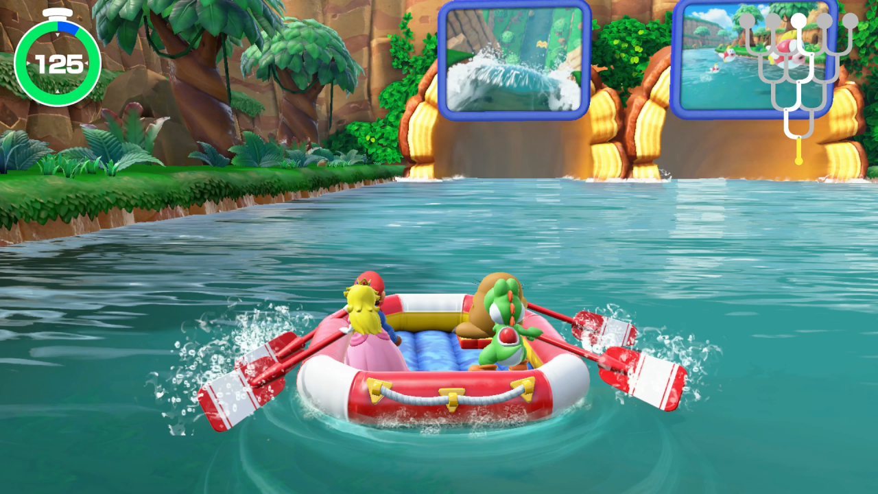 Das „Raft-Abenteuer“ ist ein neuer, komplett kooperativer Spielmodus in Super Mario Party. Hier müsst ihr koordiniert zusammenarbeiten, um gut zu sein.