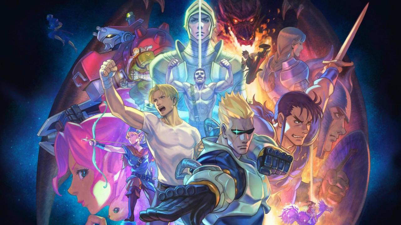 Capcom Charaktere auf einem farbigen Hintergrund