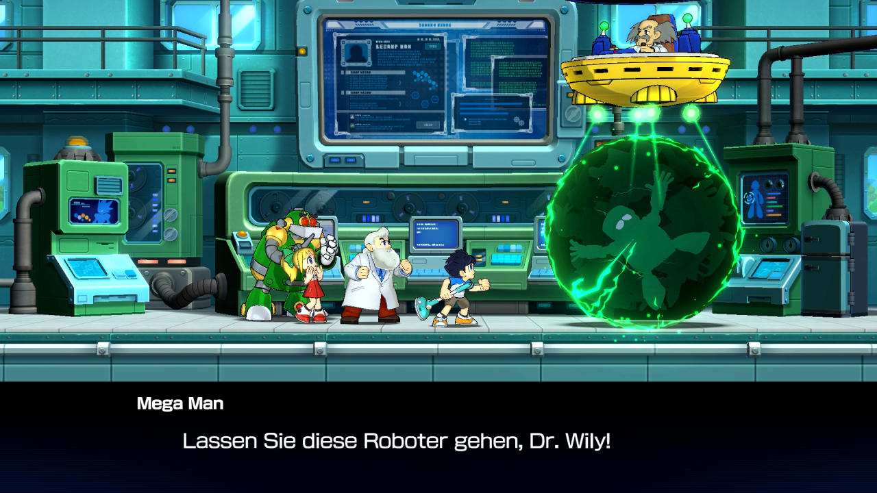Eine fliegende Untertasse, im Hintergrund ein Labor.