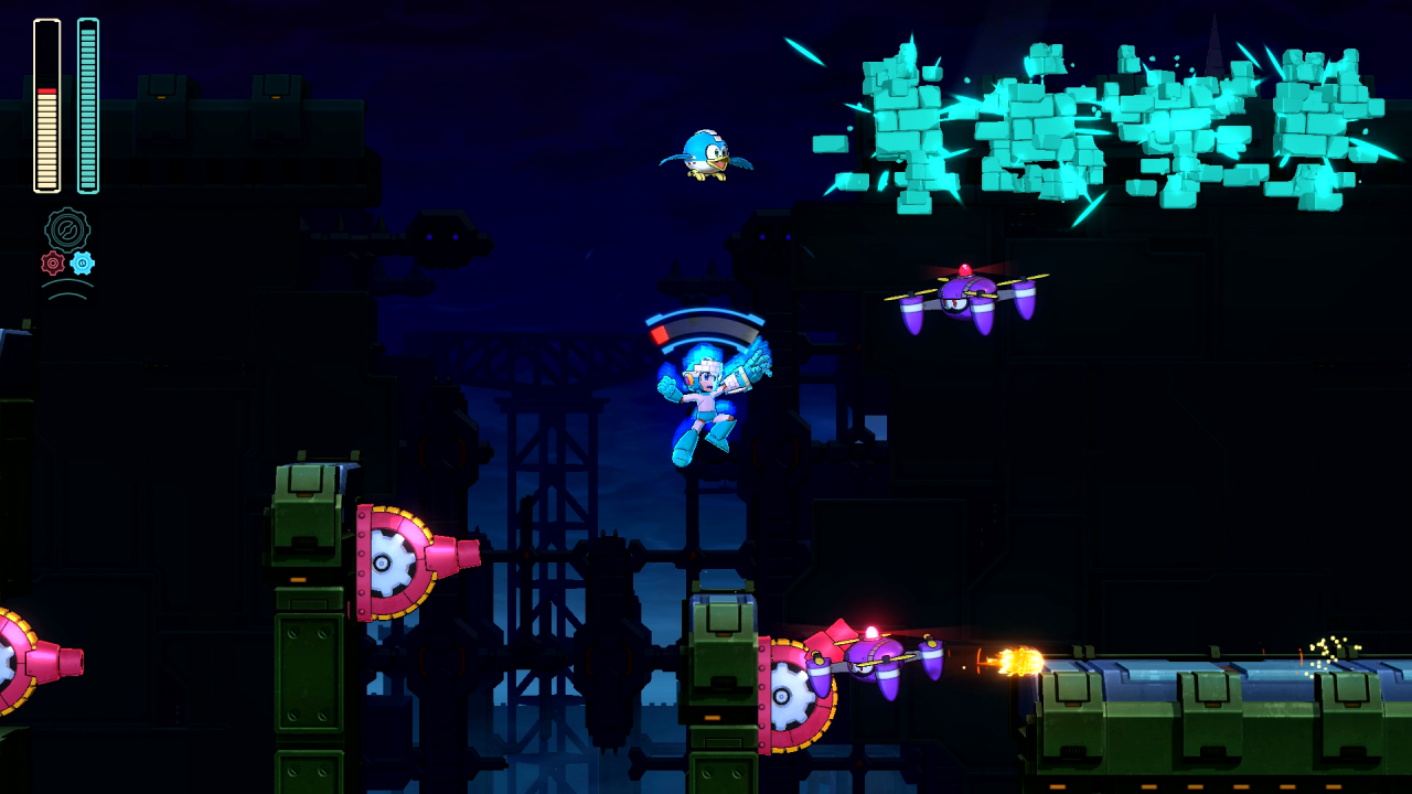 Mega Man lässt Steine vom Himmel fallen.